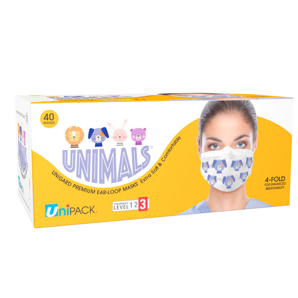 Dukal Unipack Unimals Level 3 Mask – ASTM Level 3, 3-Layer, Assorted Animal Characters, 40/BX