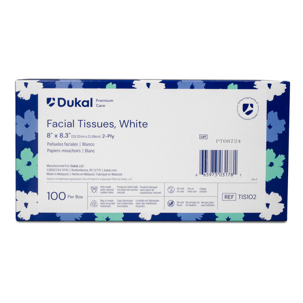 Dukal Premium Care Facial Tissues – 2-Ply, Fragrance Free, 8 x 8.3 in Sheets, 100/BX, 36 BX/CS