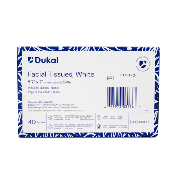 Dukal Facial Tissues – 2-Ply, 5.7 x 7 in Sheets, Fragrance Free, Flat Dispenser Box, 40/BX, 200 BX/CS, 19.84
