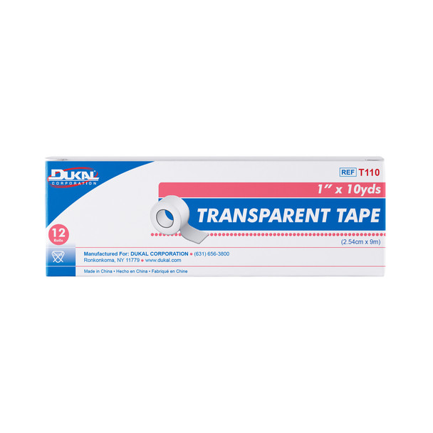 Dukal Transparent Tape – 1 in x 10 yd, Porous and Perforated, 12/BX, 12 BX/CS Packaging, Non-Sterile, 10.45 lb