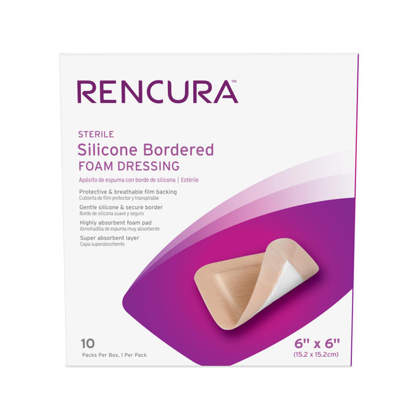 Dukal Rencura Silicone Bordered Foam Dressing – 6 x 6 in, Sterile, Highly Absorbent, 10/BX