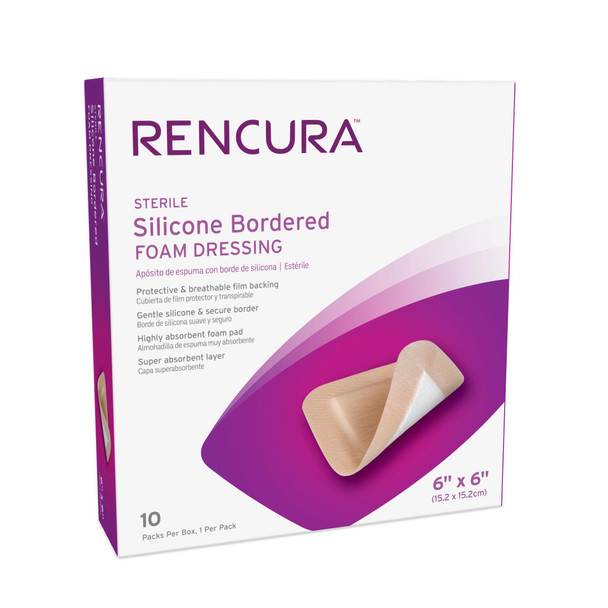 Dukal Rencura Silicone Bordered Foam Dressing – 6 x 6 in, Sterile, Highly Absorbent, 10/BX