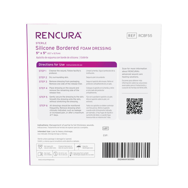Dukal Rencura Silicone Bordered Foam Dressing – 5 x 5 in, Sterile, Highly Absorbent, 10PK/BX