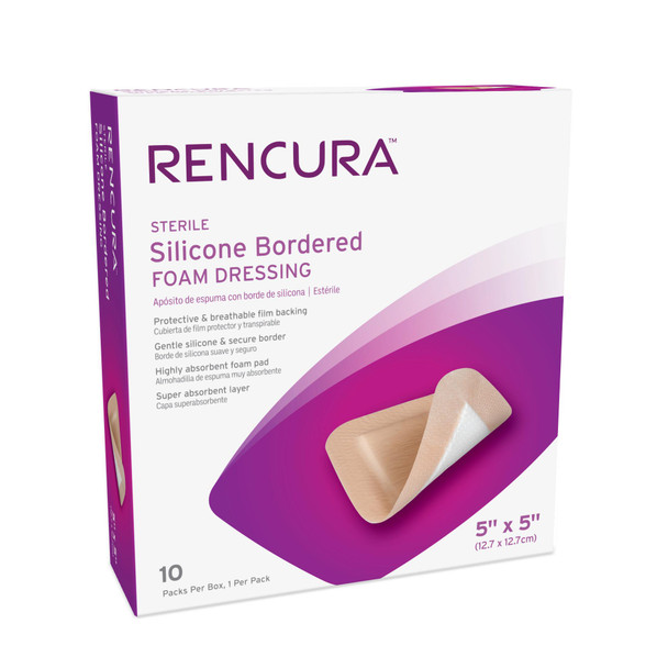 Dukal Rencura Silicone Bordered Foam Dressing – 5 x 5 in, Sterile, Highly Absorbent, 10PK/BX