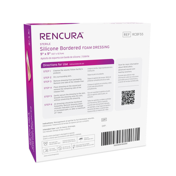Dukal Rencura Silicone Bordered Foam Dressing – 5 x 5 in, Sterile, Highly Absorbent, 10PK/BX