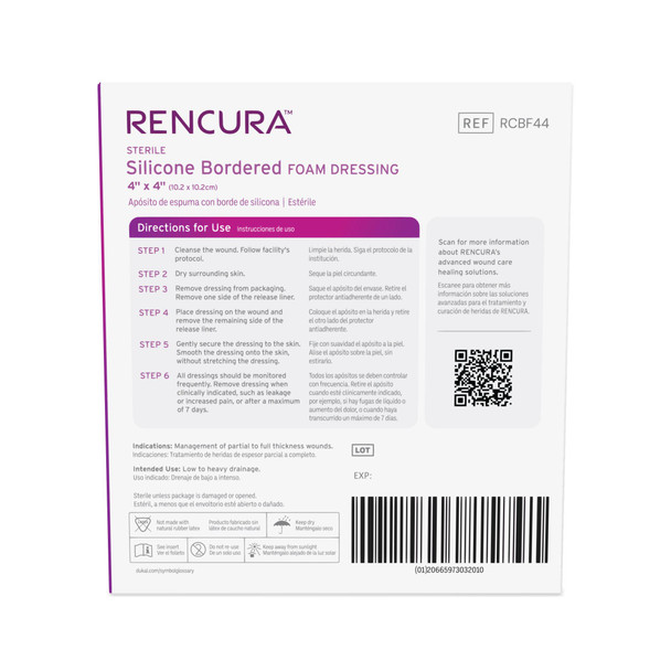 Dukal Rencura Silicone Bordered Foam Dressing – 4 x 4 in, Sterile, Highly Absorbent, 10PK/BX Packaging