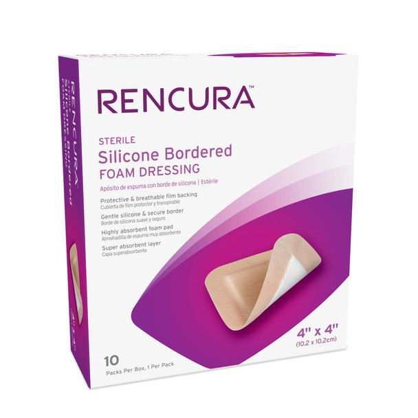Dukal Rencura Silicone Bordered Foam Dressing – 4 x 4 in, Sterile, Highly Absorbent, 10PK/BX Packaging