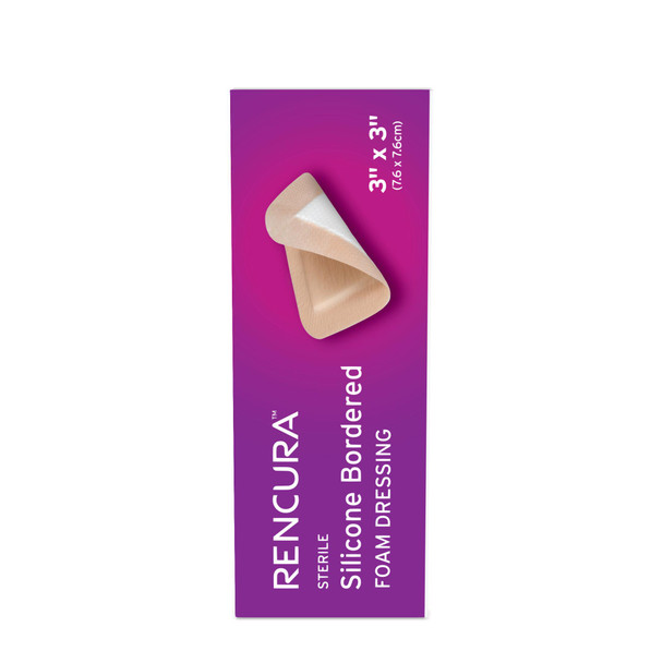Dukal Rencura Silicone Bordered Foam Dressing – Sterile, 3 x 3 in, Highly Absorbent, 10/BX, 10BX/CS