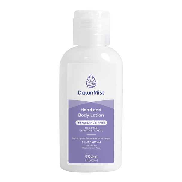 Dukal DawnMist Hand and Body Lotion – Fragrance Free, 2 oz Bottle, Alcohol Free, Contains Aloe and Vitamin E