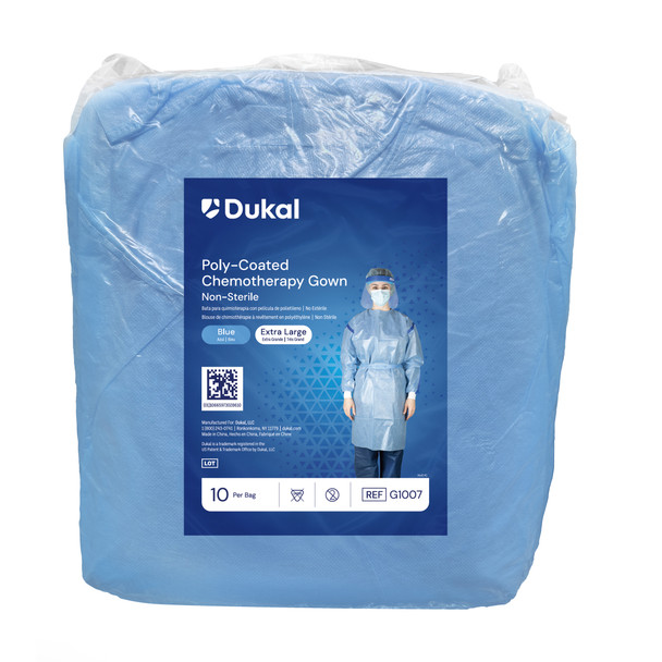 Dukal Poly-Coated Chemotherapy Gown – X-Large, Poly-Coated SMS Material, ASTM F739-12 Tested