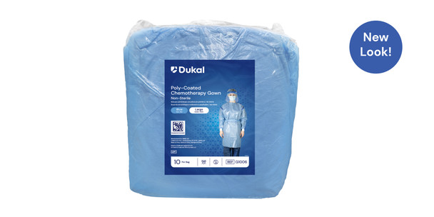 Dukal Poly-Coated Chemotherapy Gown – Large, Blue, Poly-Coated SMS Material, 8.2 lb, 10/bg, 3bg/cs