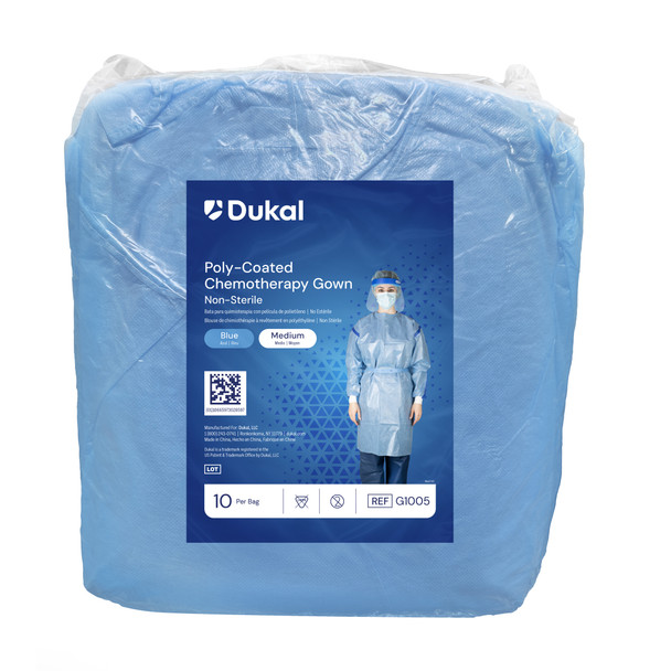Dukal Poly – Coated Chemotherapy Gown – Medium Size – Blue – Poly – Coated SMS Material – ASTM F739