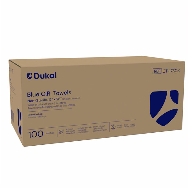 Dukal OR Towels – 17 x 26 in Blue, Pre-Washed, Highly Absorbent, Non-Sterile, 100/Case, 13.55 lb