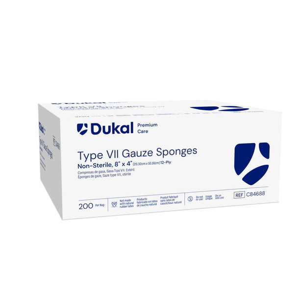 Dukal Premium Care Type VII Gauze Sponges – 12-Ply, 8 x 4 in, Non-Sterile, 200/BG, 10 BG/CS, 19.5 lb