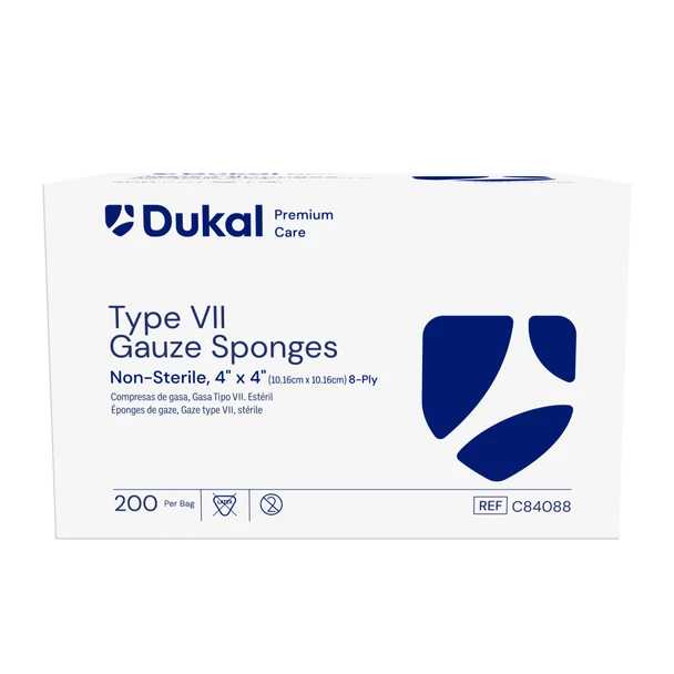 Dukal Premium Care Type VII Gauze Sponges – 4 x 4 in, 8-Ply, Non-Sterile, 200/BG, 20 BG/CS, 13.5 lb Case