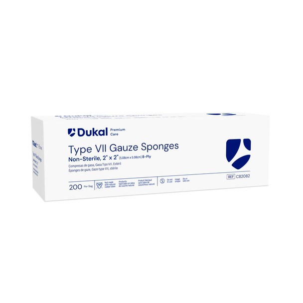 Dukal Premium Care Type VII Gauze Sponges – 8-Ply, 2 x 2 in, Non-Sterile, 200/BG, 25 BG/CS, 4.15 lb Case