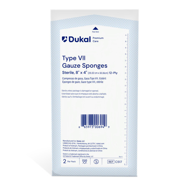 Dukal Premium Care Sterile Type VII Gauze Sponges – 8 x 4 in, 12-Ply, 2/PK, 25 PK/BX, 20 BX/CS