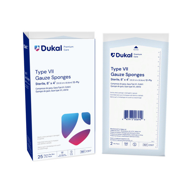 Dukal Premium Care Sterile Type VII Gauze Sponges – 8 x 4 in, 12-Ply, 2/PK, 25 PK/BX, 20 BX/CS