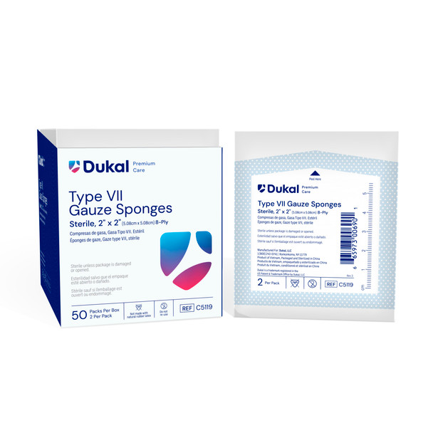 Dukal Premium Care Sterile Type VII Gauze Sponges – 8-Ply, 2 x 2 in, 2/PK, 50 PK/BX, 30 BX/CS