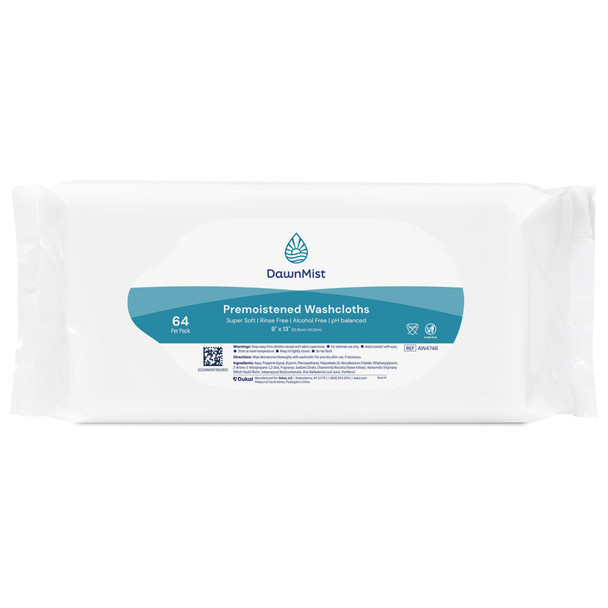 Dukal DawnMist Pre-Moistened Washcloths – 9 x 13 in, Scented, Soft Pack with Peelable Lid, 64/PK, 12 PK/CS