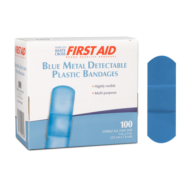Dukal American Blue Metal Detectable Adhesive Bandages – 1 x 3 in, Sterile, 100/BX, 12 BX/CS