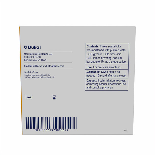 Dukal Lemon Glycerin Swabsticks – Pre-Moistened Oral Care Swabs, Non-Sterile, 3/PK, 25 PK/BX, 10 BX/CS