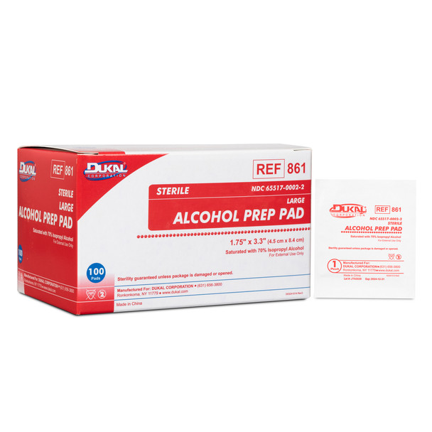 Dukal Alcohol Prep Pads – 2-Ply Large, Sterile, 1.67 x 3.42 in, 70% Isopropyl Alcohol, 100/BX, 10 BX/CS