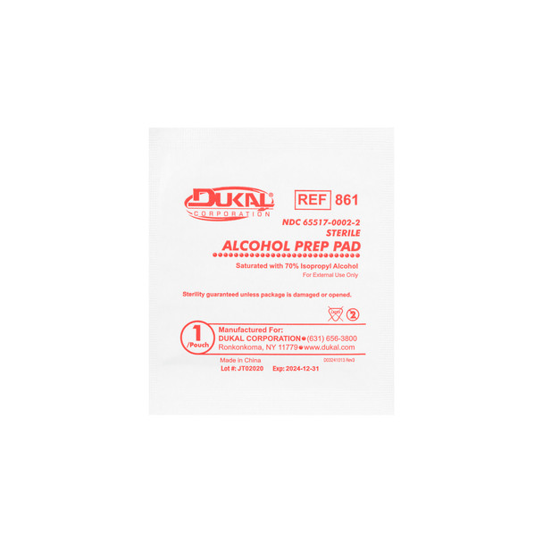 Dukal Alcohol Prep Pads – 2-Ply Large, Sterile, 1.67 x 3.42 in, 70% Isopropyl Alcohol, 100/BX, 10 BX/CS