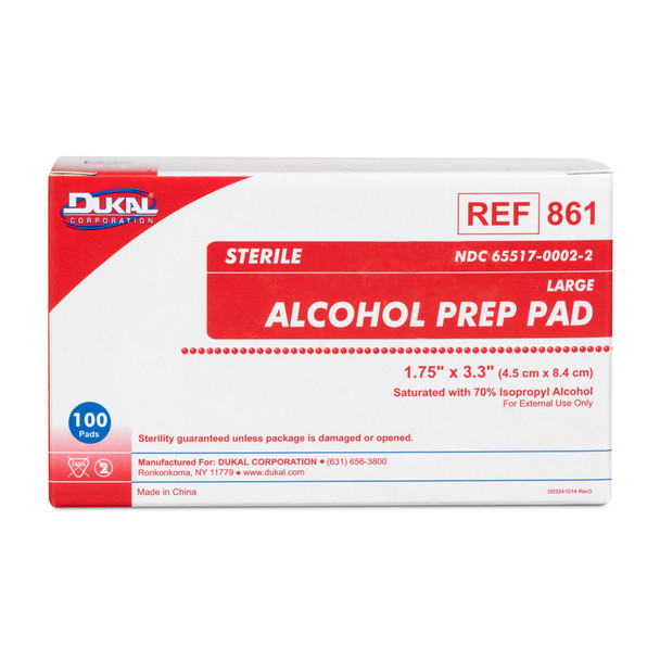 Dukal Alcohol Prep Pads – 2-Ply Large, Sterile, 1.67 x 3.42 in, 70% Isopropyl Alcohol, 100/BX, 10 BX/CS