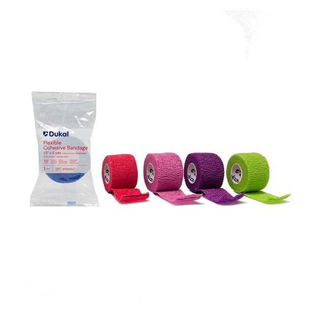 Dukal Cohesive Bandage – 1.5 in x 5 yd, Assorted Colors, Lightweight, Self-Adherent, 48 PK/BX