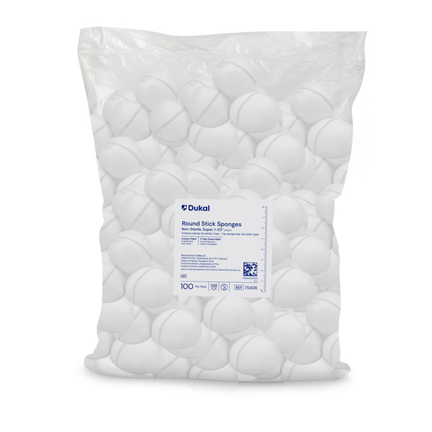 Dukal X-Ray Detectable Round Stick Sponges – 1.5 in Size, Non-Sterile, 100/BG, 5 BG/CS Packaging, 3.65 lb