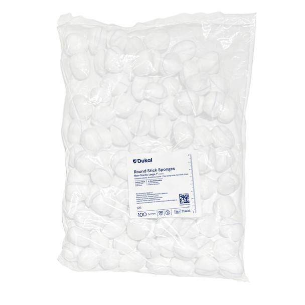 Dukal X-Ray Detectable Round Stick Sponges – 100% Cotton Gauze, 1 in Size, 100/BG, 5 BG/CS Packaging