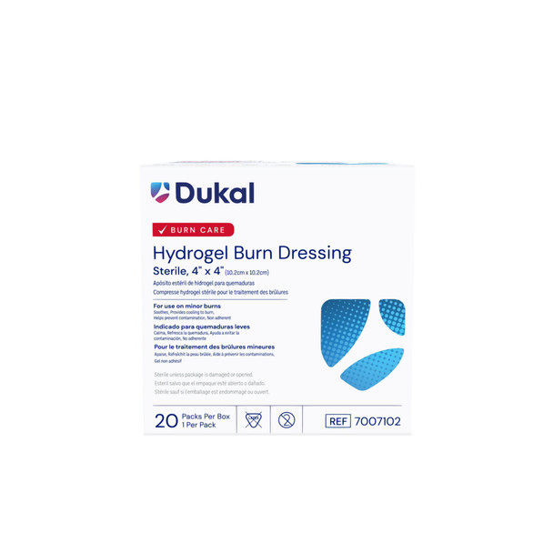 Dukal Sterile Hydrogel Burn Dressing – 4 x 4 in, Non-Adherent, Cooling Relief, 1/PK, 20 PK/BX, 12 BX/CS