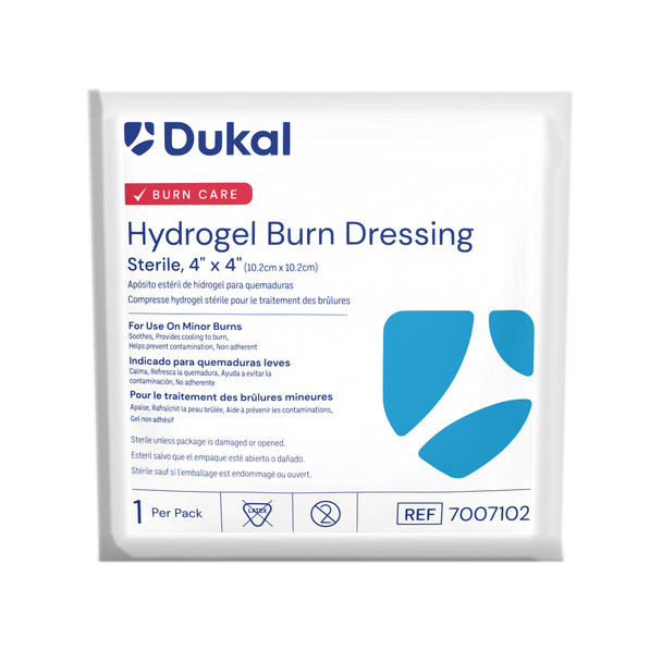 Dukal Sterile Hydrogel Burn Dressing – 4 x 4 in, Non-Adherent, Cooling Relief, 1/PK, 20 PK/BX, 12 BX/CS
