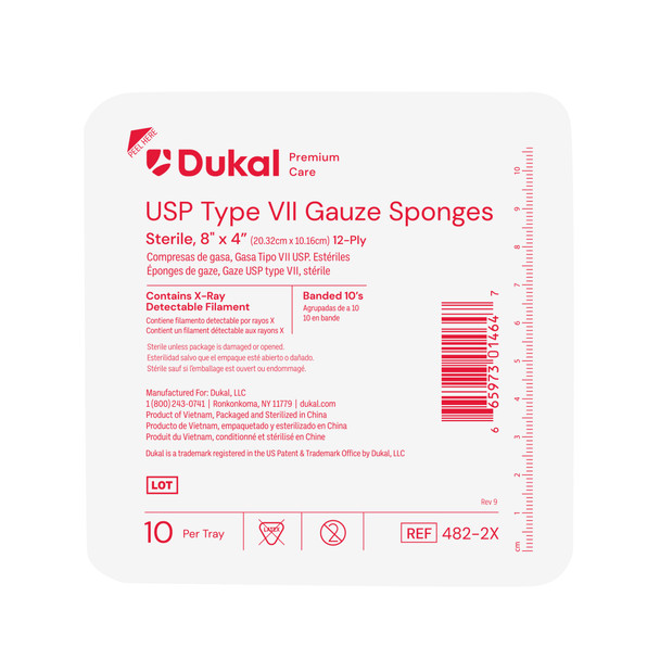 Dukal Premium Care Sterile X-Ray Detectable USP Type VII Gauze Sponges in Tray – 12-Ply, 8 x 4 in, 10/TY