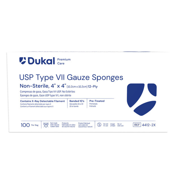 Dukal X-Ray Detectable USP Type VII Gauze Sponges – 12-Ply, 4 x 4 in, Non-Sterile, 100/BG, 20 BG/CS