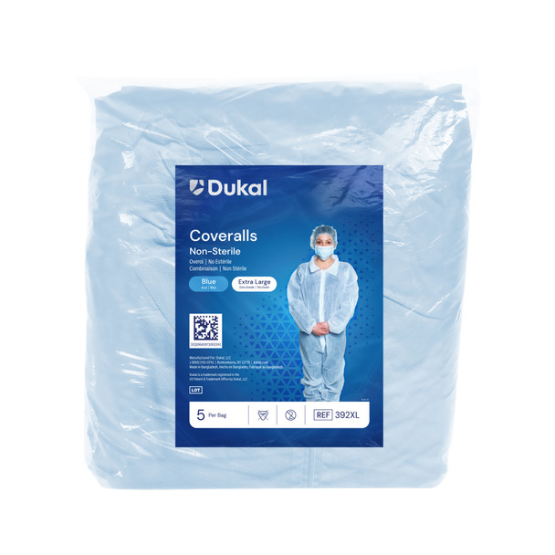 Dukal Disposable Coveralls – Spunbond Polypropylene Material, Blue Color, X-Large Size, 7.6 lb, 5/BG, 5 BG/CS