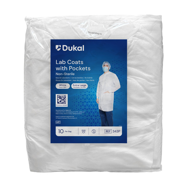 Dukal Lab Coat with Pockets – Multi – Layer SMS Material, Full Length, Knit Collar and Cuff, X – Large, White