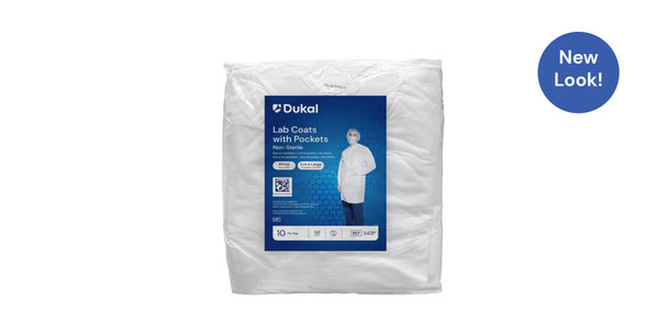 Dukal Lab Coat with Pockets – Multi – Layer SMS Material, Full Length, Knit Collar and Cuff, X – Large, White