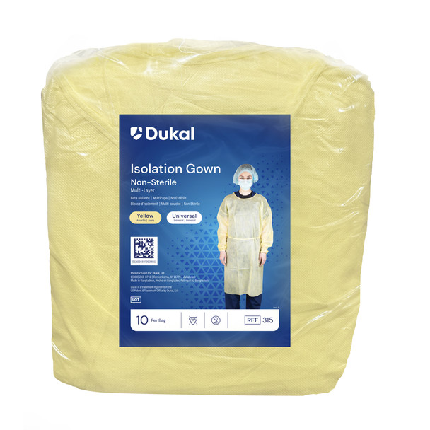Dukal Multi-Layer Isolation Gown – Multi-Layer SMS Material, Elastic Cuffs, Universal Size, Yellow