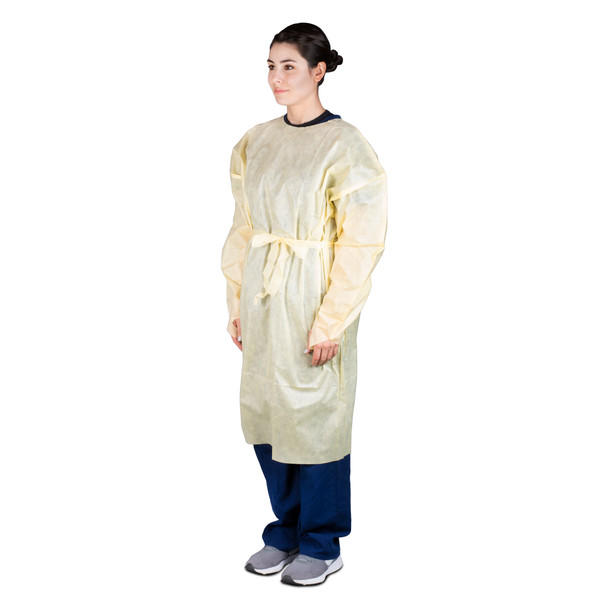 Dukal Isolation Gown – AAMI Level 2 Protection, Tape Tab Neck, Thumb Loop, Universal Size, Yellow