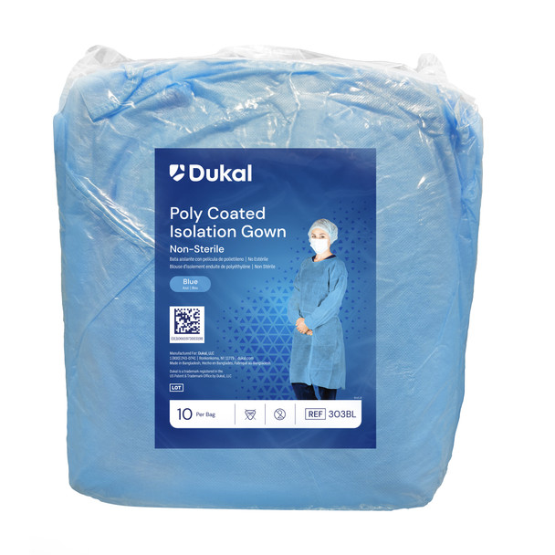 Dukal Poly-Coated Isolation Gown – SPP+PE Material, Elastic Cuff, Universal Size, Blue, 10/BG, 5 BG/CS
