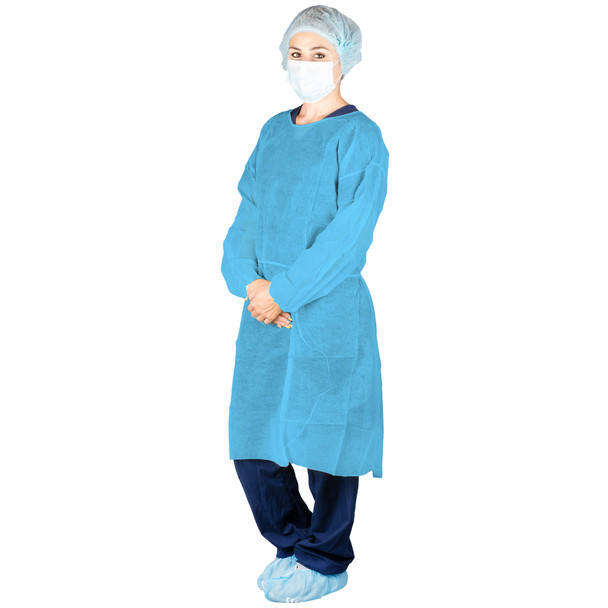 Dukal Poly-Coated Isolation Gown – SPP+PE Material, Elastic Cuff, Universal Size, Blue, 10/BG, 5 BG/CS