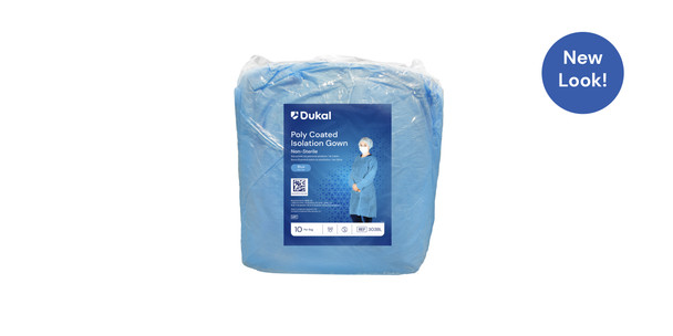 Dukal Poly-Coated Isolation Gown – SPP+PE Material, Elastic Cuff, Universal Size, Blue, 10/BG, 5 BG/CS
