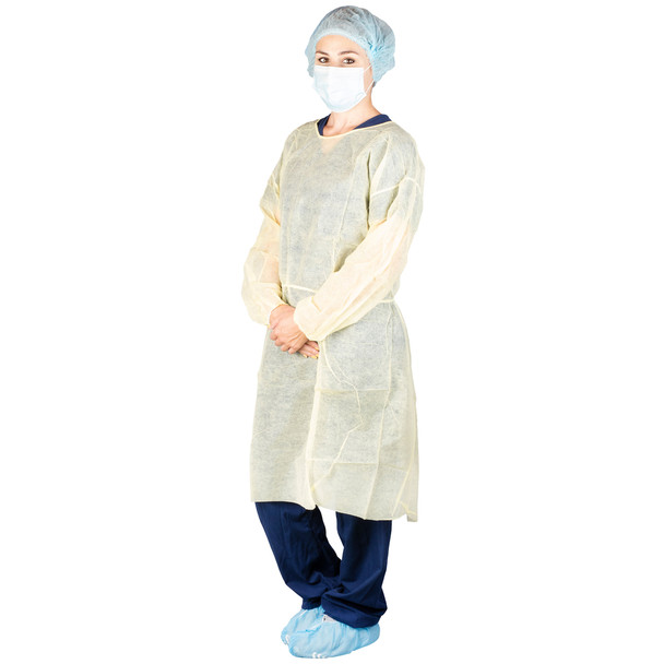 Dukal Poly-Coated Isolation Gown – Neck Tie, Elastic Cuff, Universal Size, Yellow, Poly-Coated SPP+PE Material