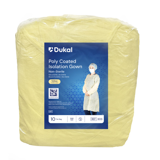 Dukal Poly-Coated Isolation Gown – Neck Tie, Elastic Cuff, Universal Size, Yellow, Poly-Coated SPP+PE Material