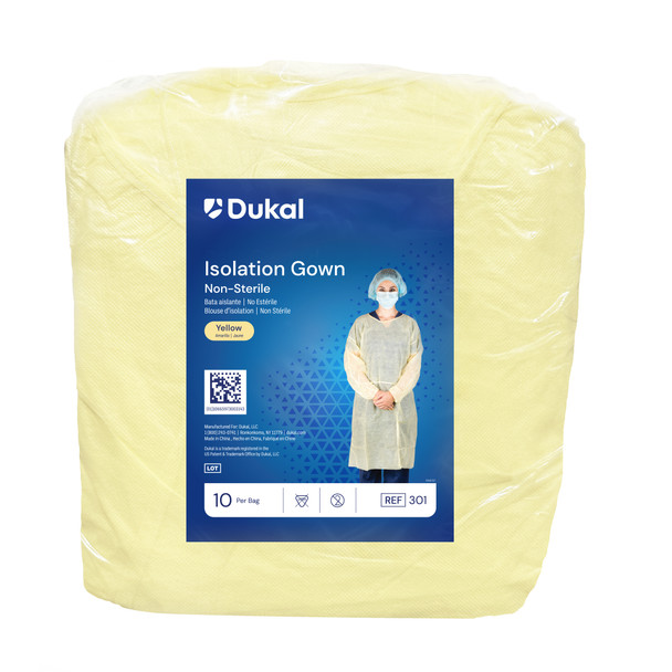 Dukal Isolation Gown with Neck Tie and Elastic Cuff – Spunbond Polypropylene, One Size, Yellow, 10/BG, 5 BG/CS