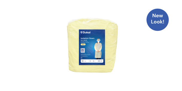 Dukal Isolation Gown with Neck Tie and Elastic Cuff – Spunbond Polypropylene, One Size, Yellow, 10/BG, 5 BG/CS