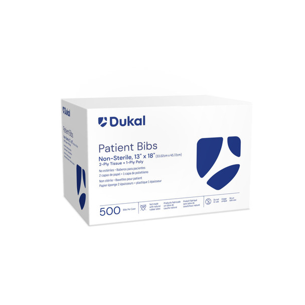 Dukal Patient Bibs – 2-Ply Paper/1-Ply Poly, 13 x 18 in, Blue, Tissue + PE Material, 500/Case, 8.8 lb