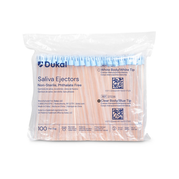 Dukal Saliva Ejector – Clear Body with Blue Tip, Wire Reinforced Tube, Non-Sterile, 100/BG, 10 BG/CS